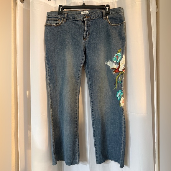 Metro 7 Denim - Y2K Embroidered Phoenix Low Rise Jeans 14 | Floral Bird Denim | Raw Hem |